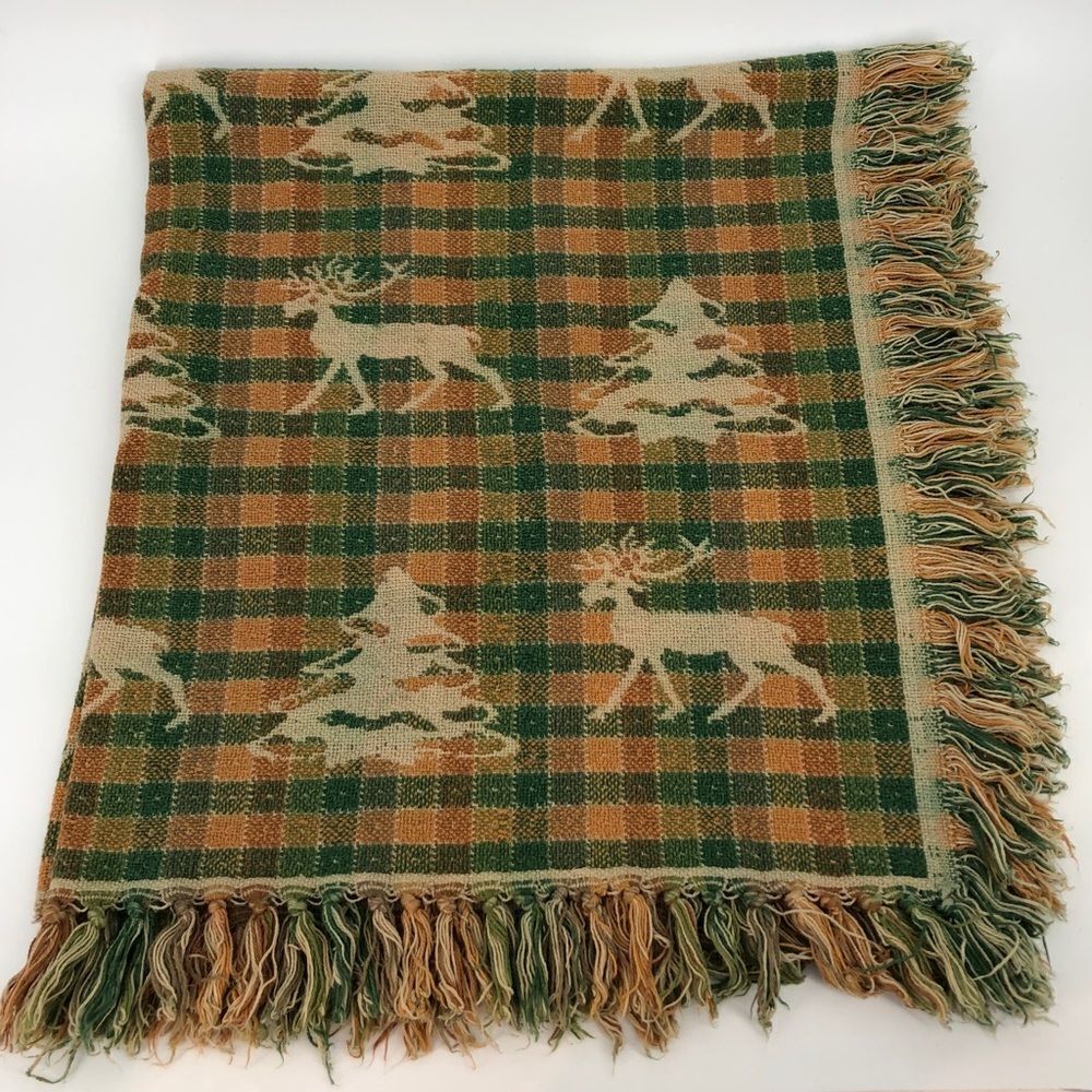 Christmas Tree Reindeer Fringe Afghan‎ Blanket Green Gold